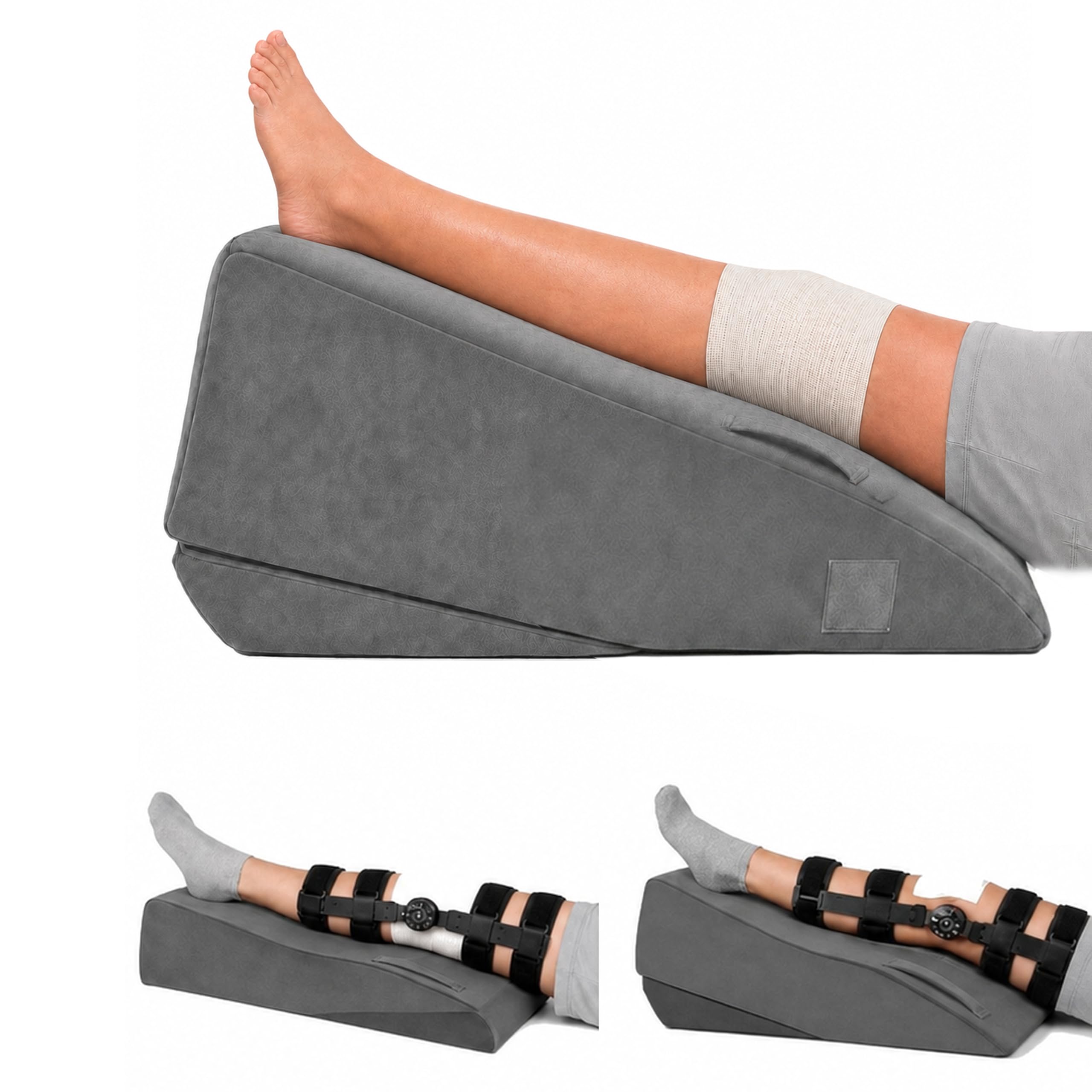 Single-leg LYXOMED wedge in the high setting. A bandaged knee lies straight from thigh to heel; smaller frames show a hinged brace on the lower setting.