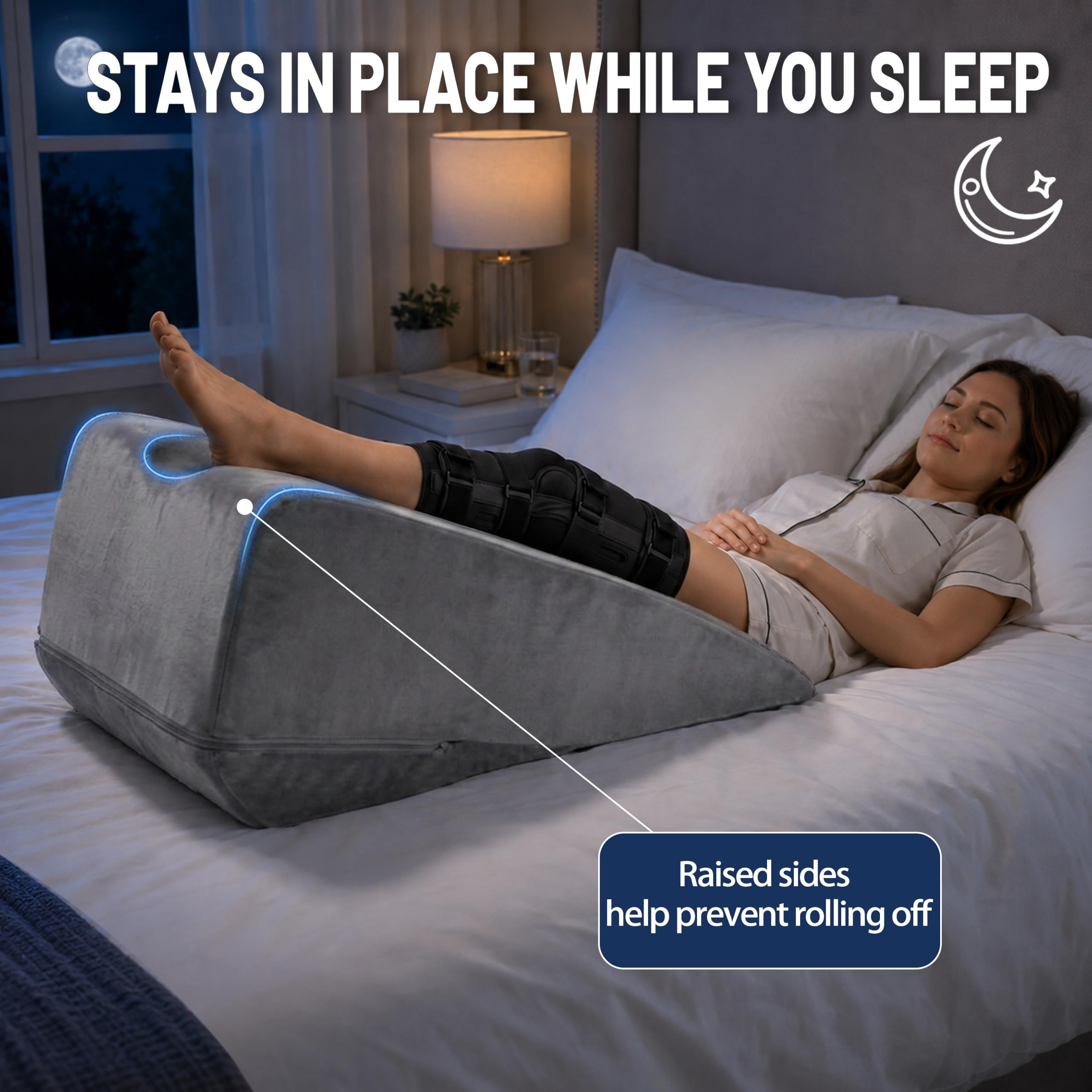 Sleeping with a hinged knee brace, the whole leg in the U-groove so the knee is not resting on a pillow.