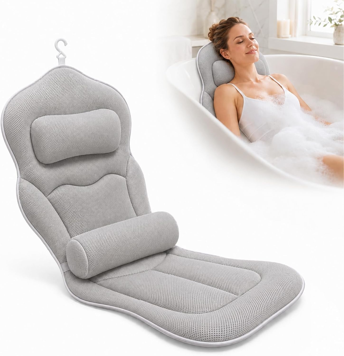 Grey full-length 50D mesh bathtub mattress with white piping, an integrated headrest, a cylindrical lumbar roll, a hanging hook, and a soak inset.