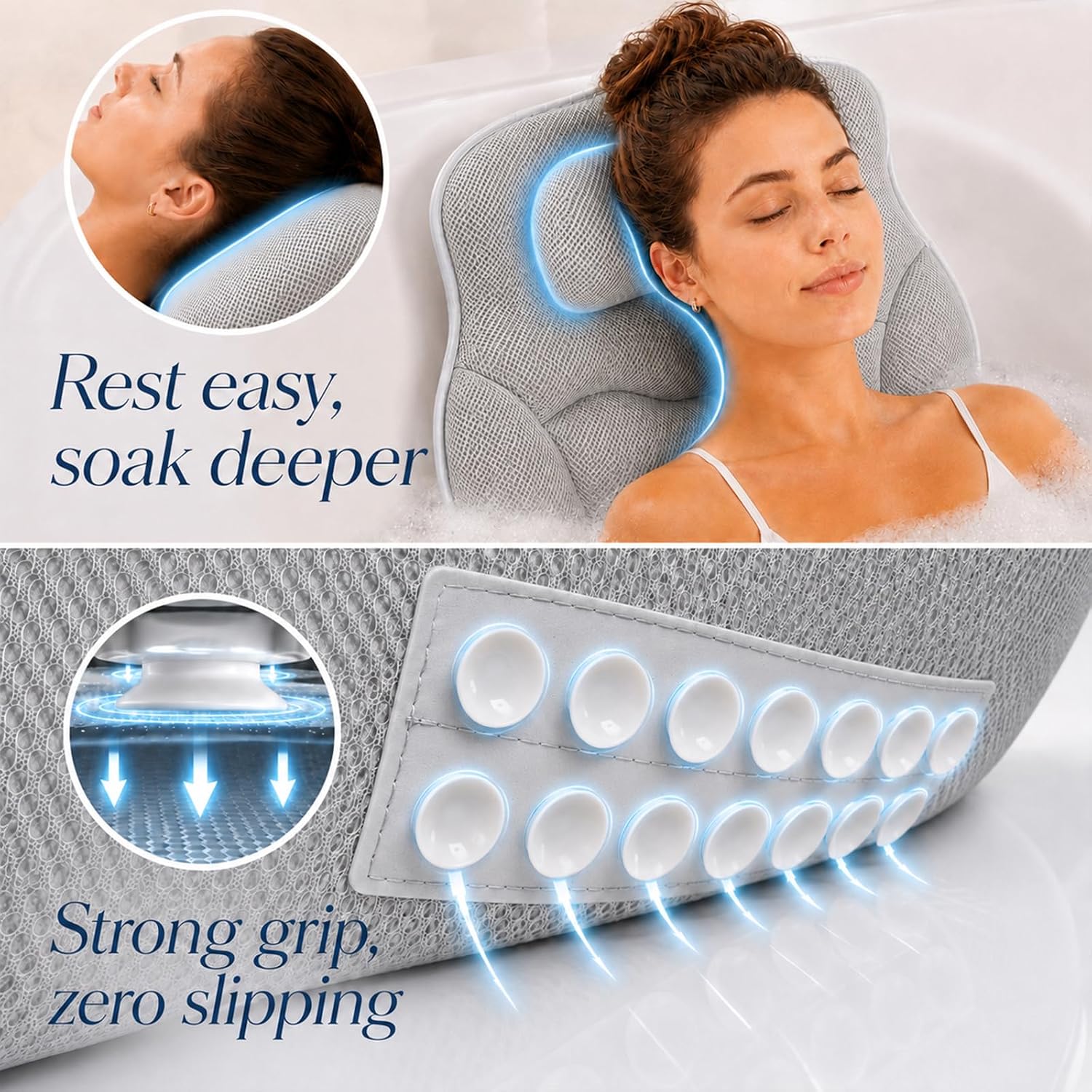 A person reclining on the grey mesh headrest in a tub, and a close-up of the white suction-cup array on the back of the mattress.