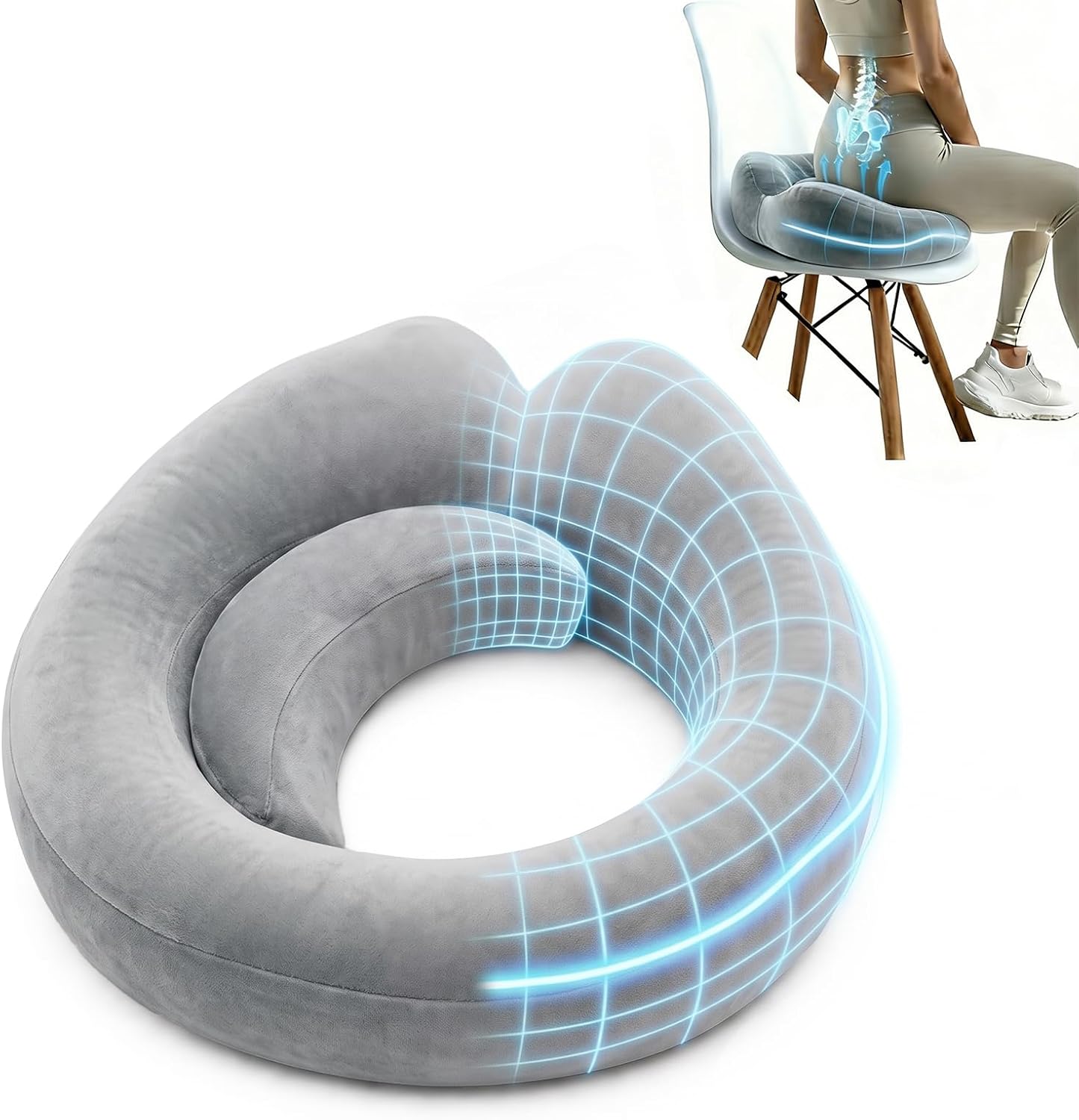 Gray round BBL sitting donut with a crescent insert, and a person sitting so weight is on the thighs, not the center.