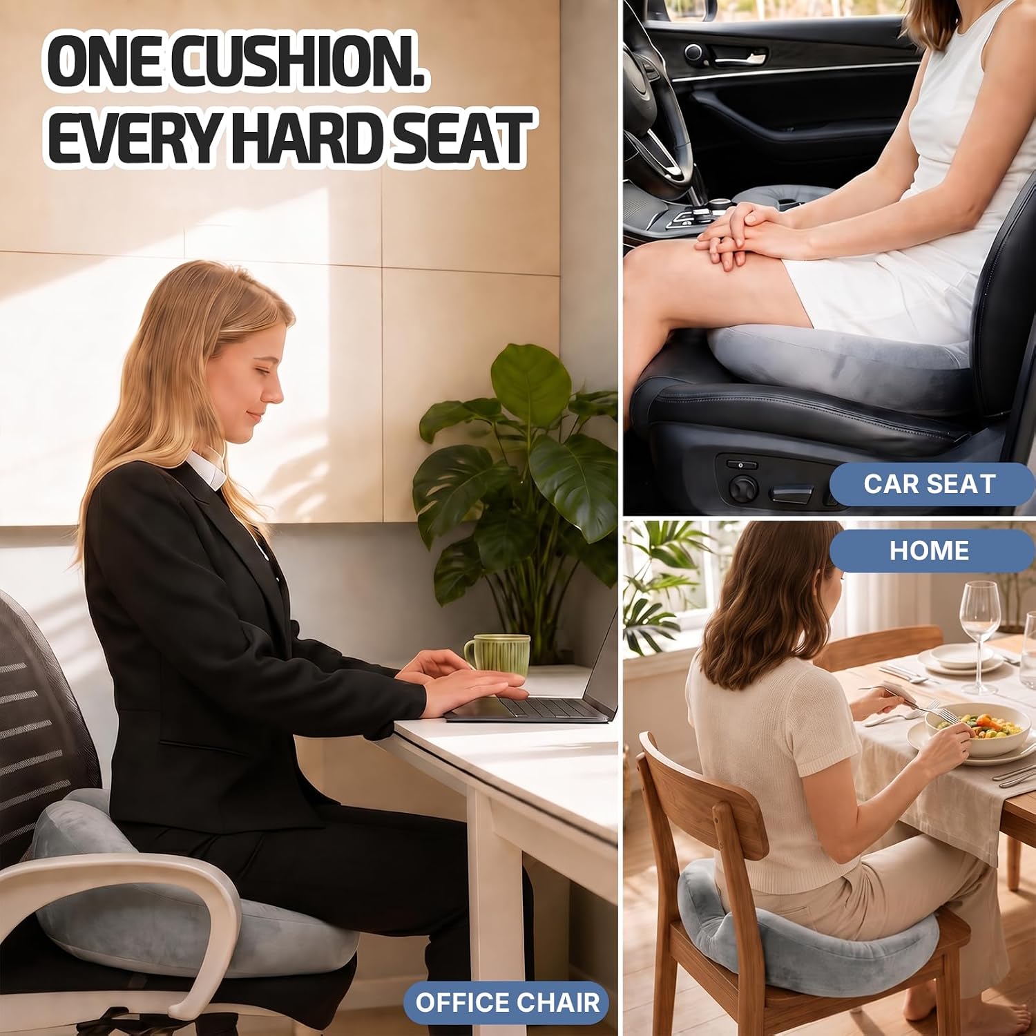 Gray donut used on an office chair, a car seat, and a dining chair.