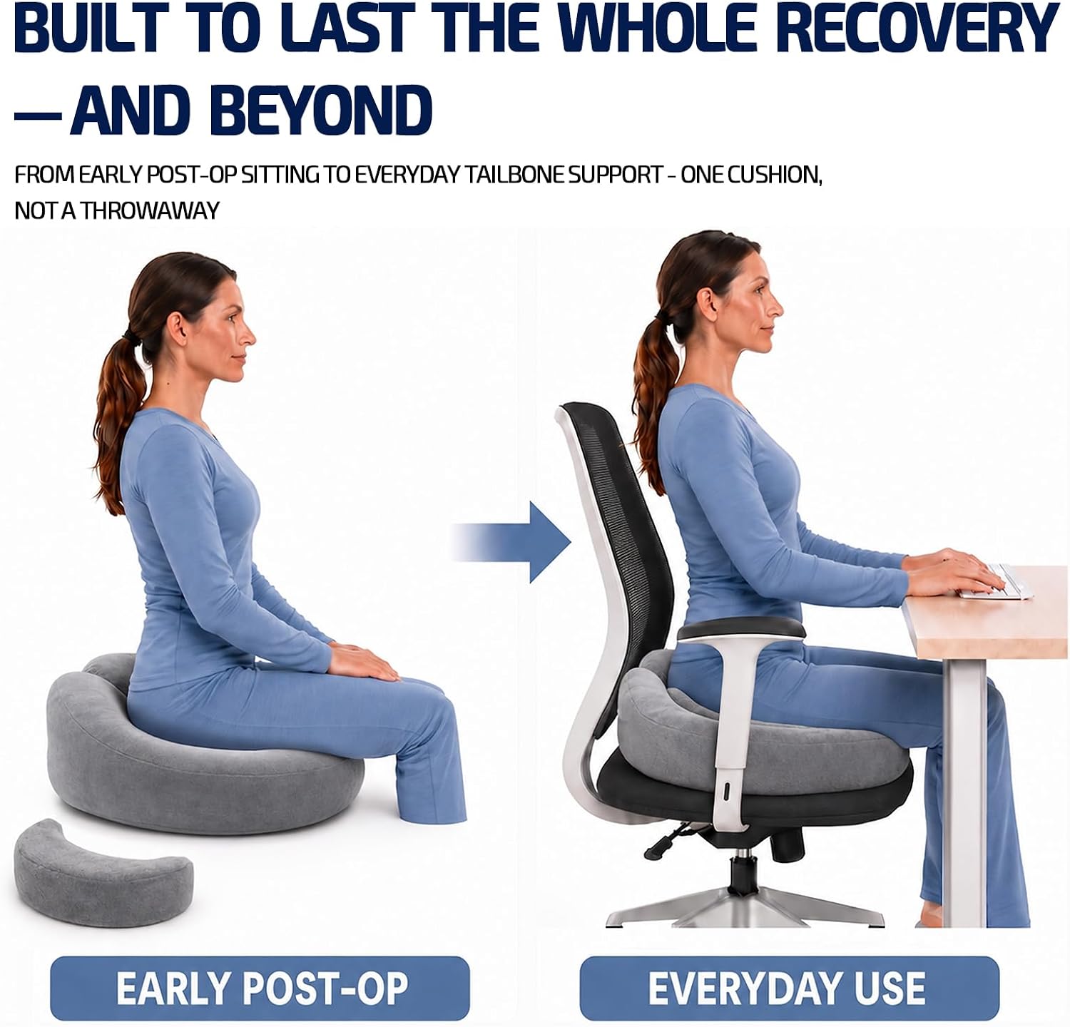 Person sitting on the gray donut on the floor with the crescent beside it, and later sitting on the same cushion on an office chair.