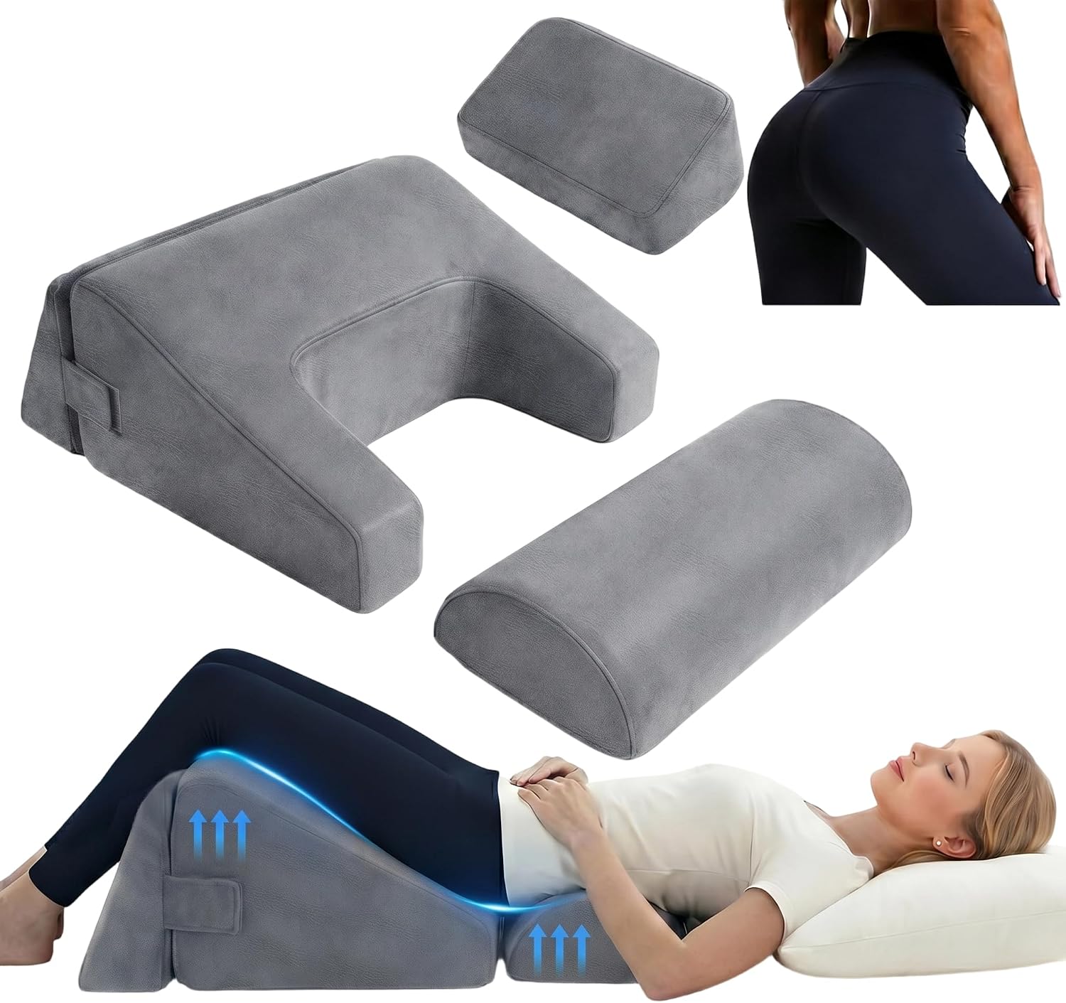 Four gray modular pieces — U-shaped thigh wedge, lumbar wedge, bolster — and a person lying with a gap under the buttocks.