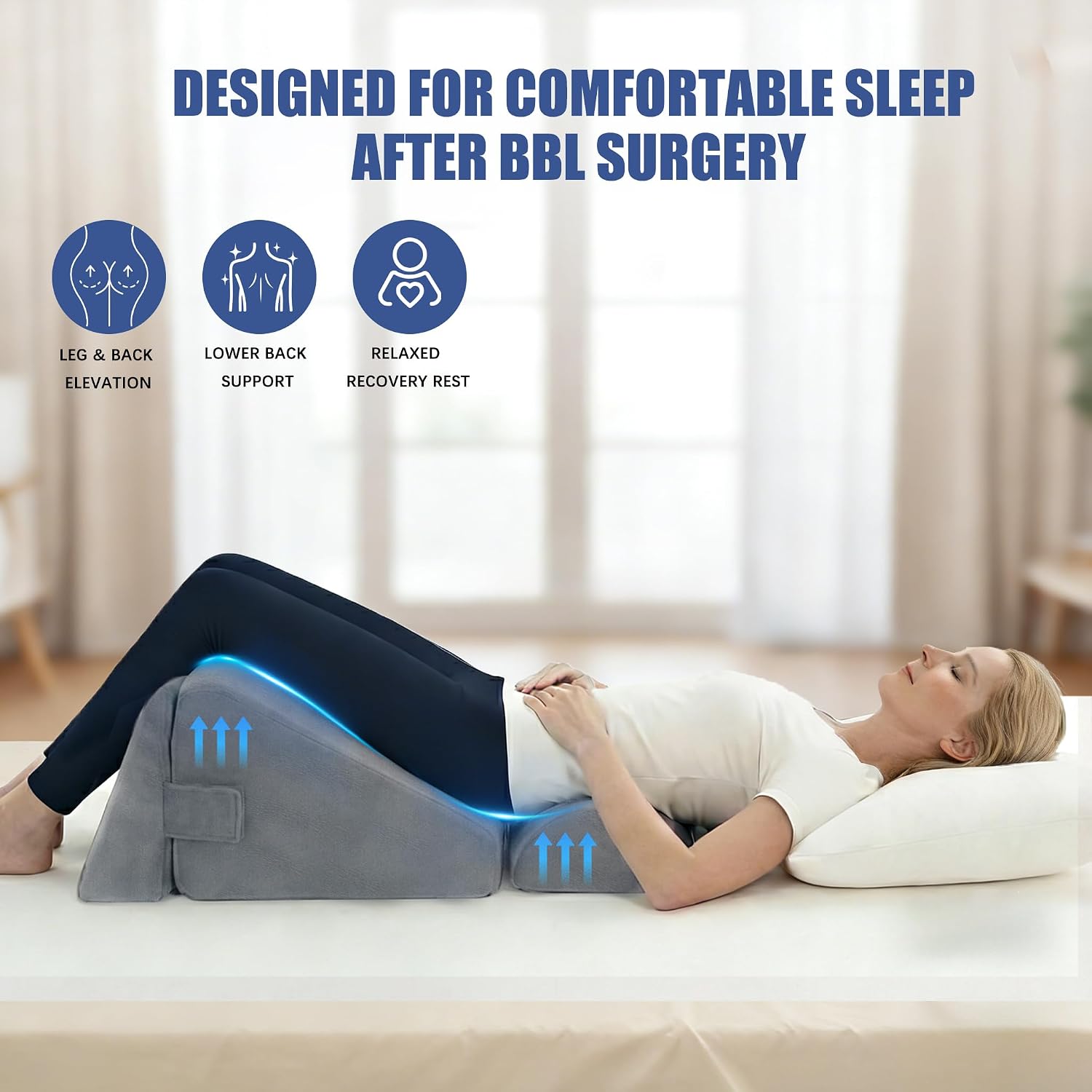 Person on a bed with a small lumbar bolster and a large thigh wedge, a gap under the buttocks.
