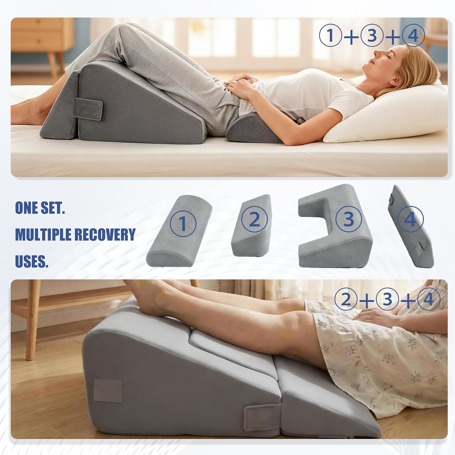 Four numbered pieces built as a center-opening sleep setup and as a continuous leg ramp.