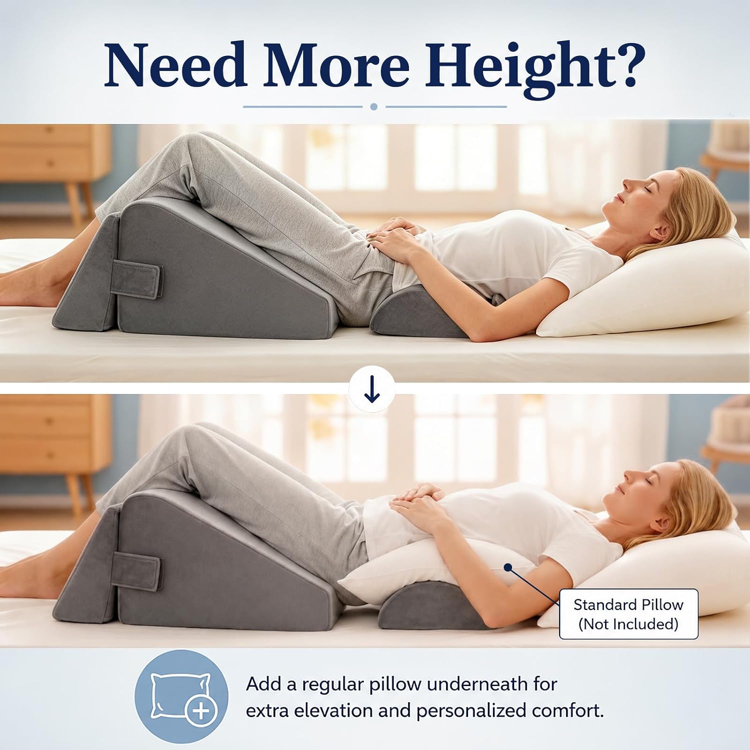 Two heights of the same setup; the lower frame adds a standard bed pillow under the upper back.