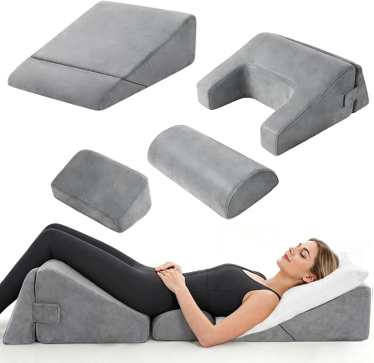 Gray modular pieces — back wedge, U-shaped thigh support, lumbar bolster, rectangular block — and a person lying with a gap under the buttocks.