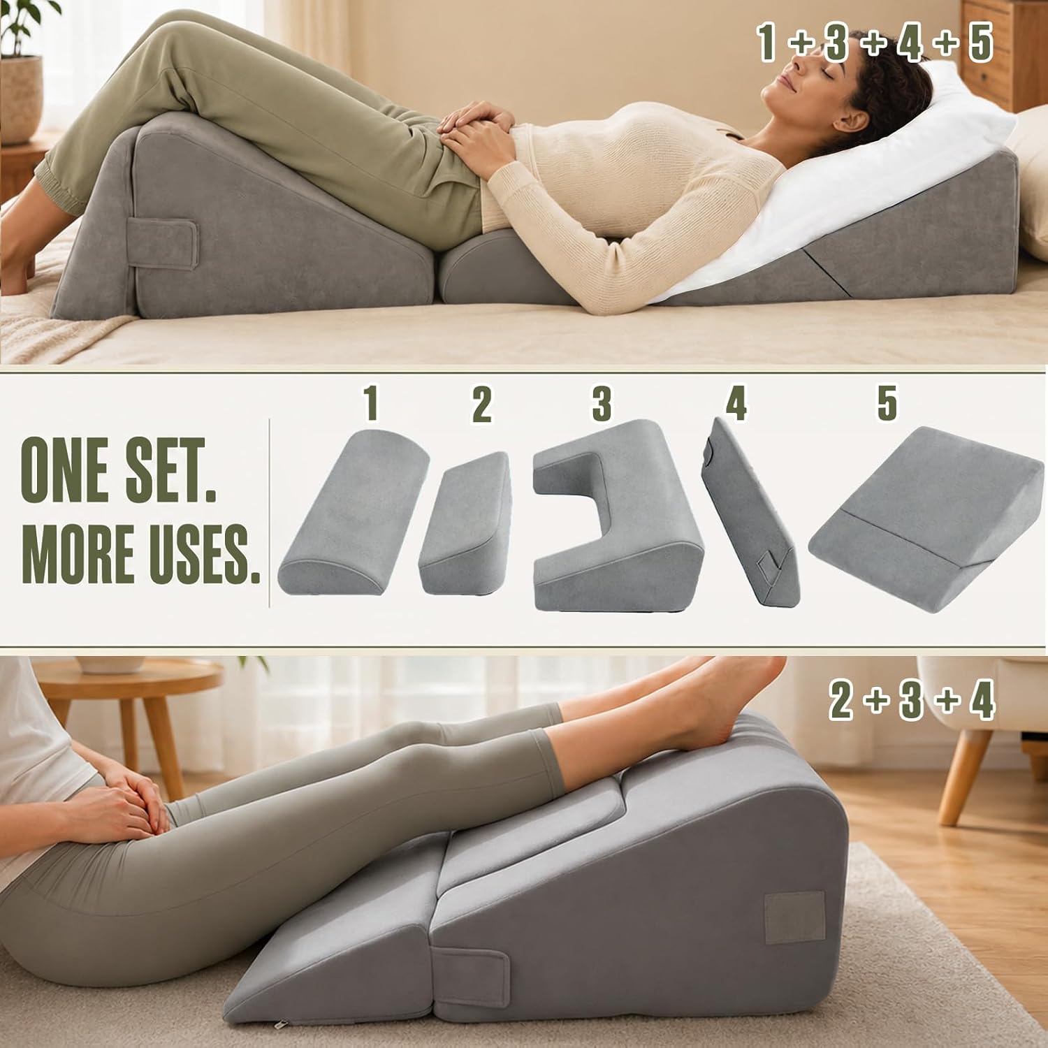 Five numbered pieces: sleep build with a center well, and a reversed U-piece used as a continuous leg ramp.