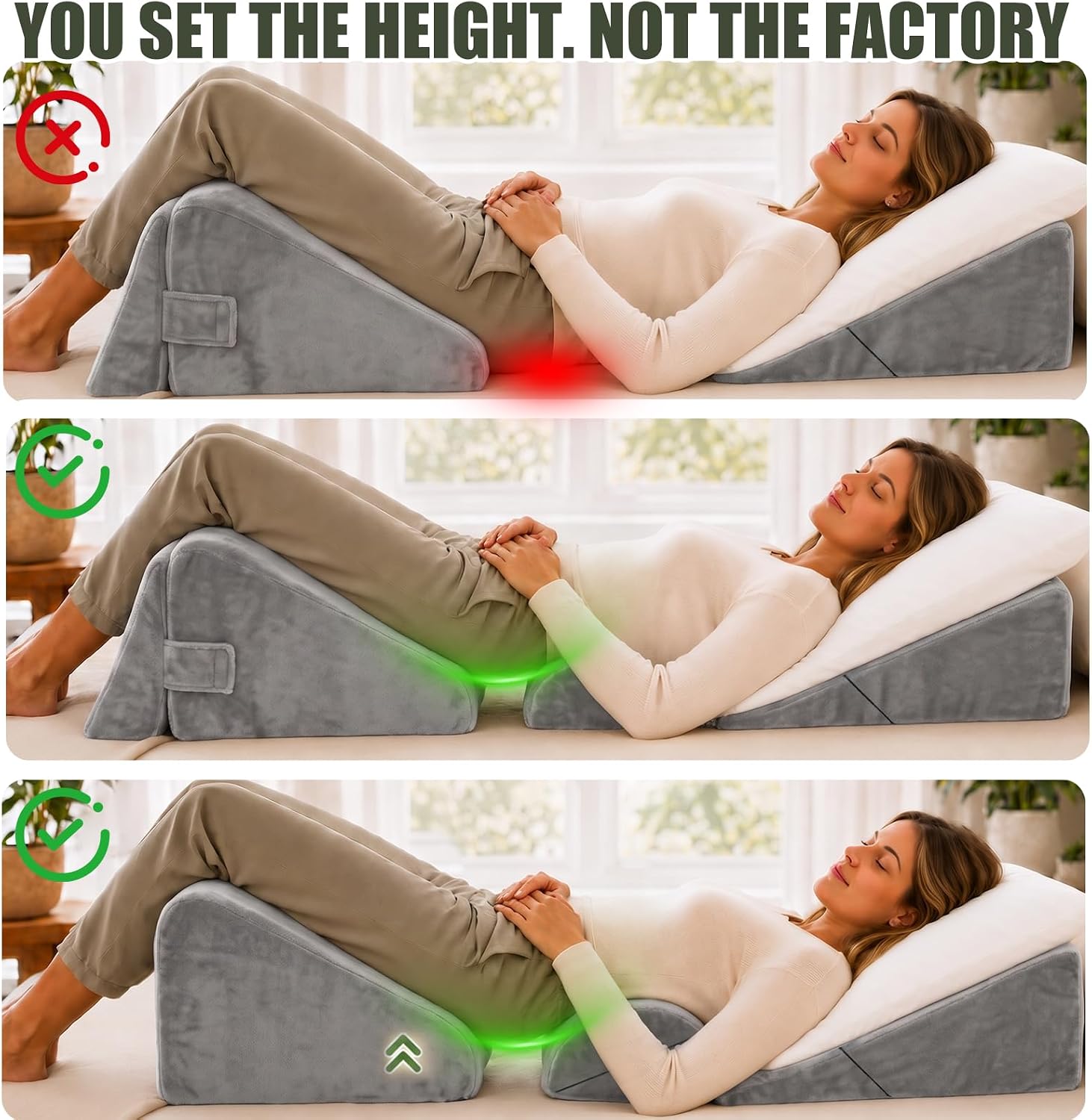 Wrong: pieces closed under the hips. Right: pieces pulled apart. Right with height: extra bolster stacked.