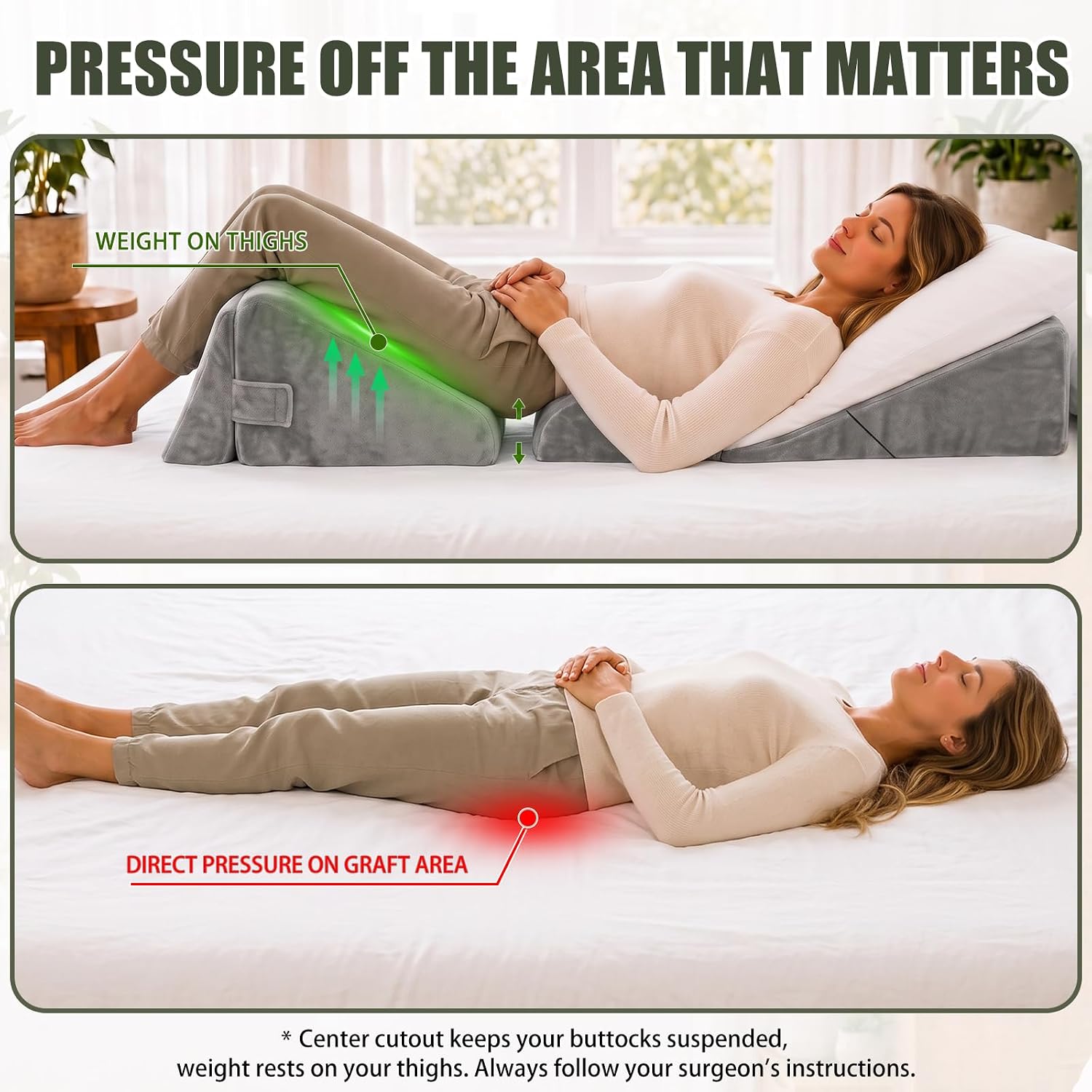 Person on the modular set with a gap under the hips, compared with the same person lying flat on a mattress.