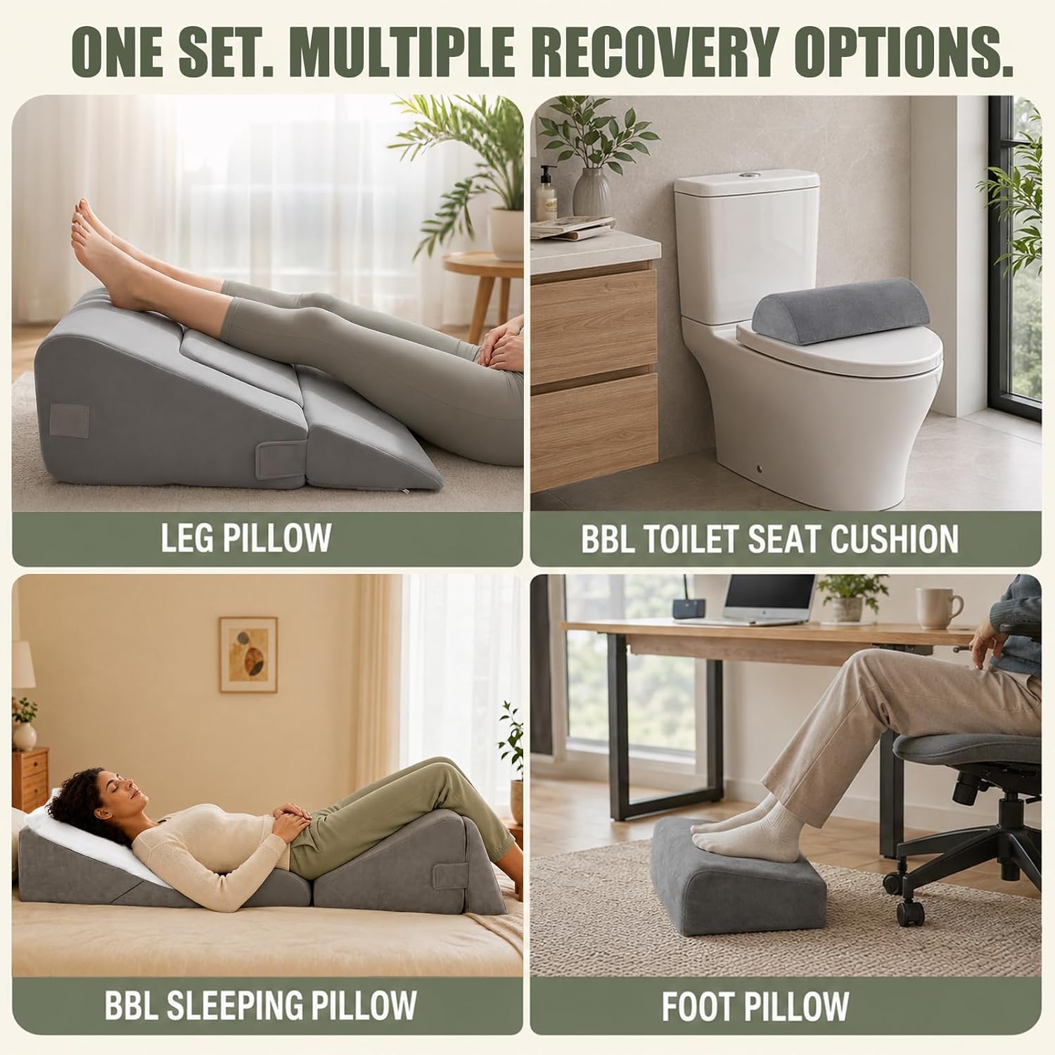 Four uses: leg pillow, curved toilet-seat cushion, back-lying sleep setup with a gap, and a desk footrest.