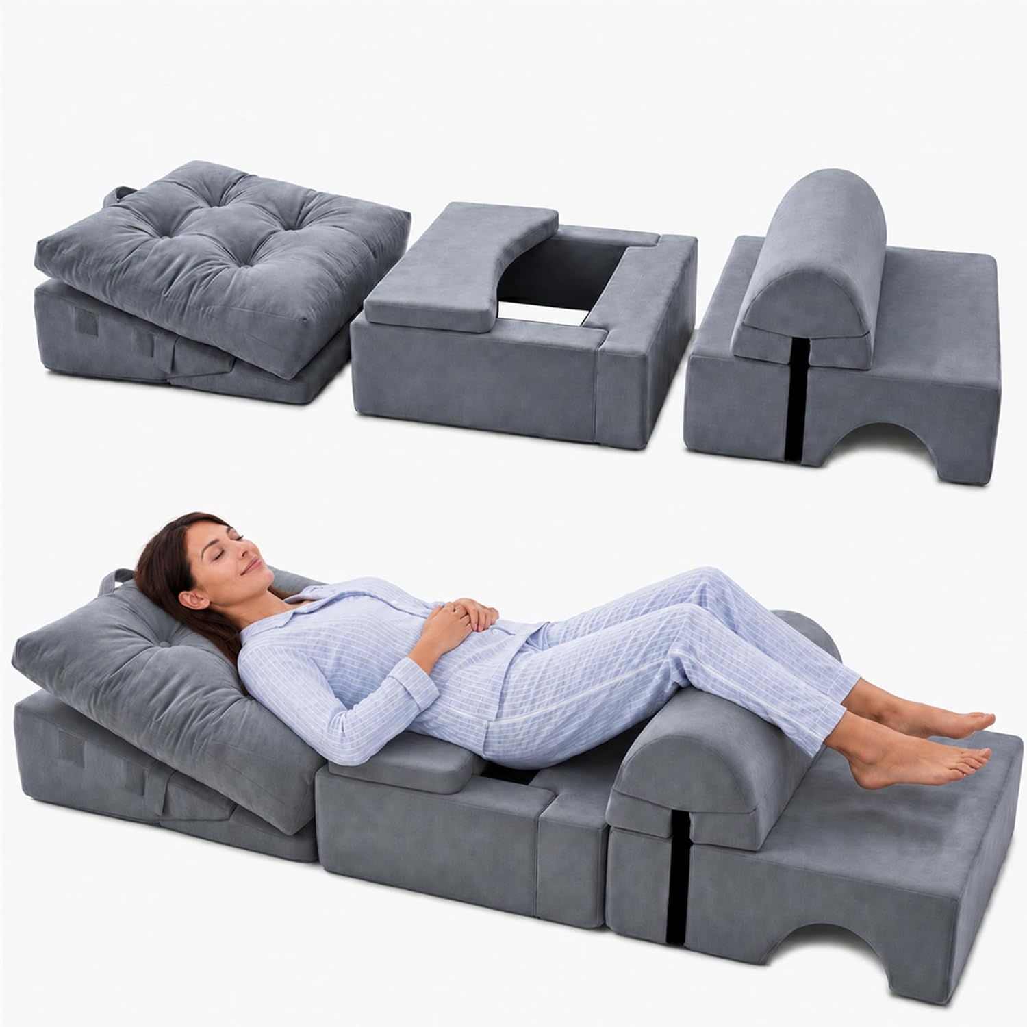 Nine-piece gray V-bed laid out as torso wedge, hip-opening block, and knee bolster; below, a person lies with the buttocks in the open middle.