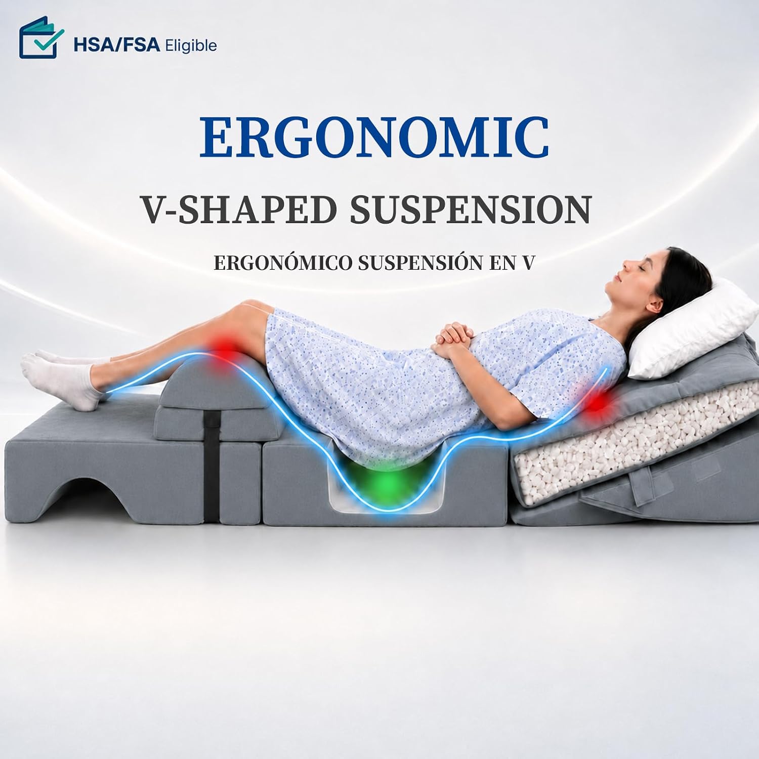 V-bed in use: contact at the mid-back and thighs, empty space under the buttocks.
