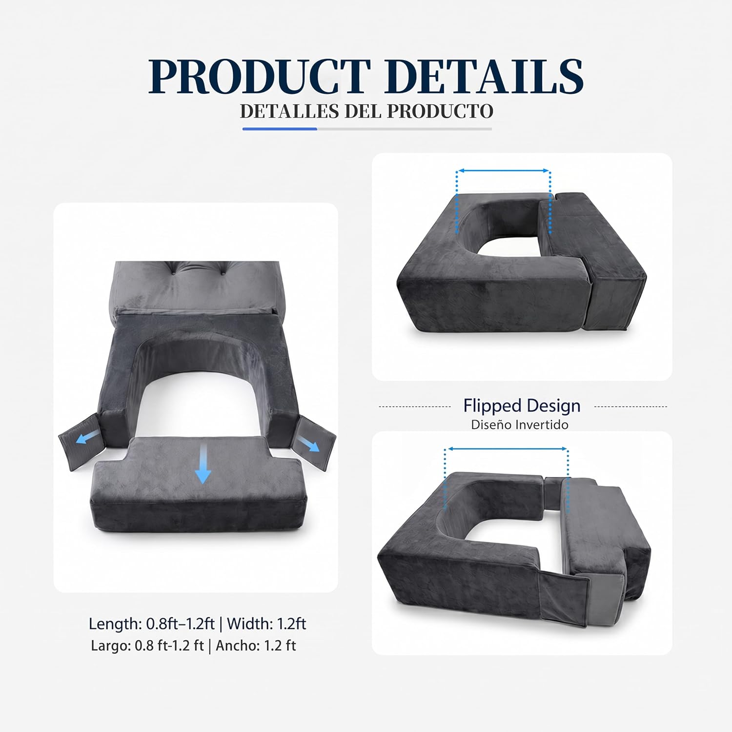 U-shaped center cushion with a movable T-piece and flipped layouts that change the opening width.