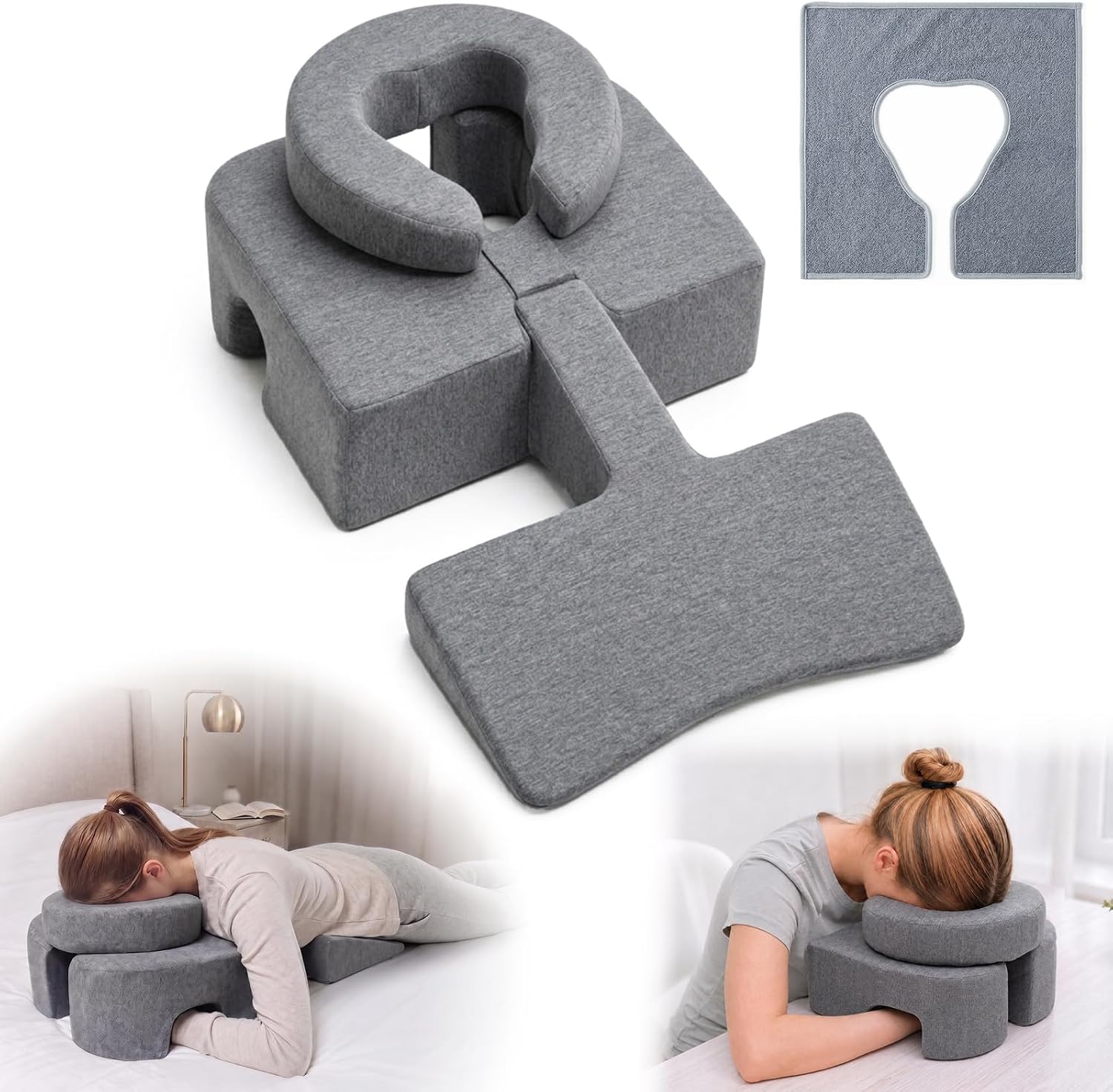 Grey two-module face-down pillow: circular head cradle on a cutout base, with a sliding T-shaped chest riser. Insets show the washable face cover, prone on a bed, and seated at a table.