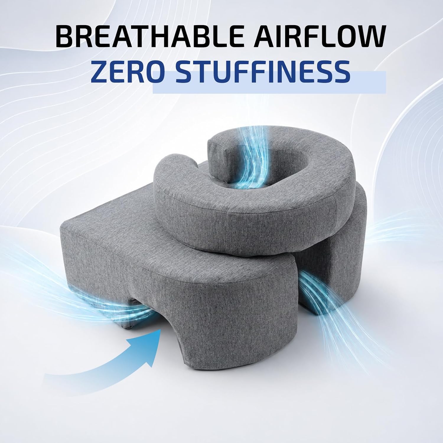 Grey head cradle on a base with a front arch; blue arrows mark airflow through the open face and the center channel.