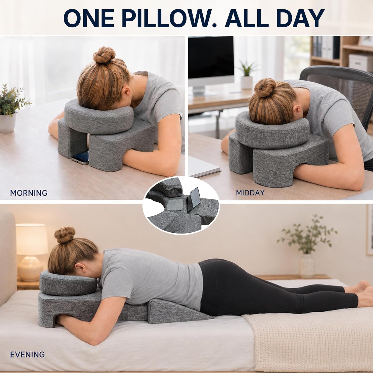 Three scenes: seated at a table looking through the cradle at a phone, seated at a desk, and lying prone on a bed with the chest riser under the torso.