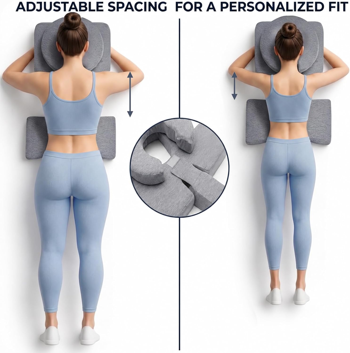Overhead view of the chest riser slid far, then close, on the hook-and-loop track between the head cradle and the torso pad.