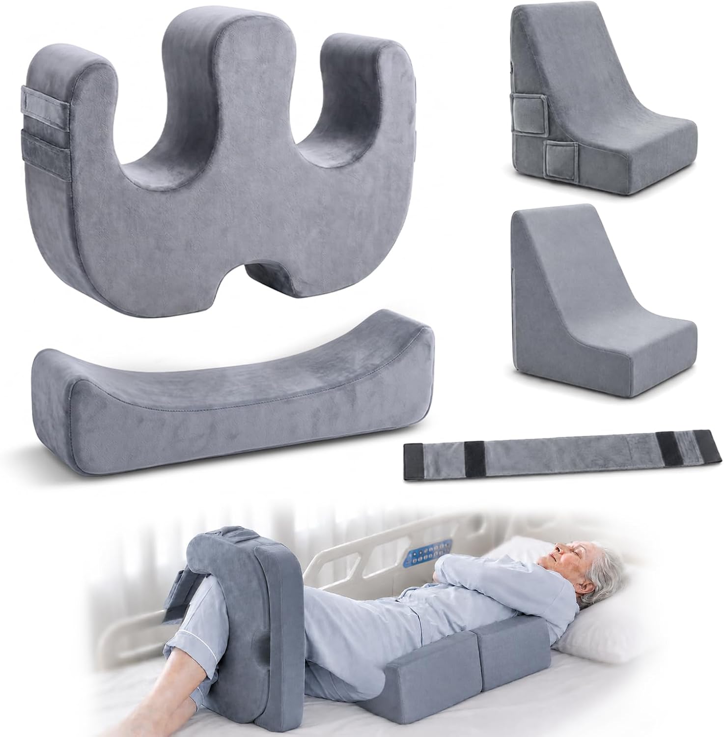 Grey velvet U-shaped turning pillow with two leg grooves and handles, L-shaped back supports, a strap, and a bed inset of a side-lying hold.