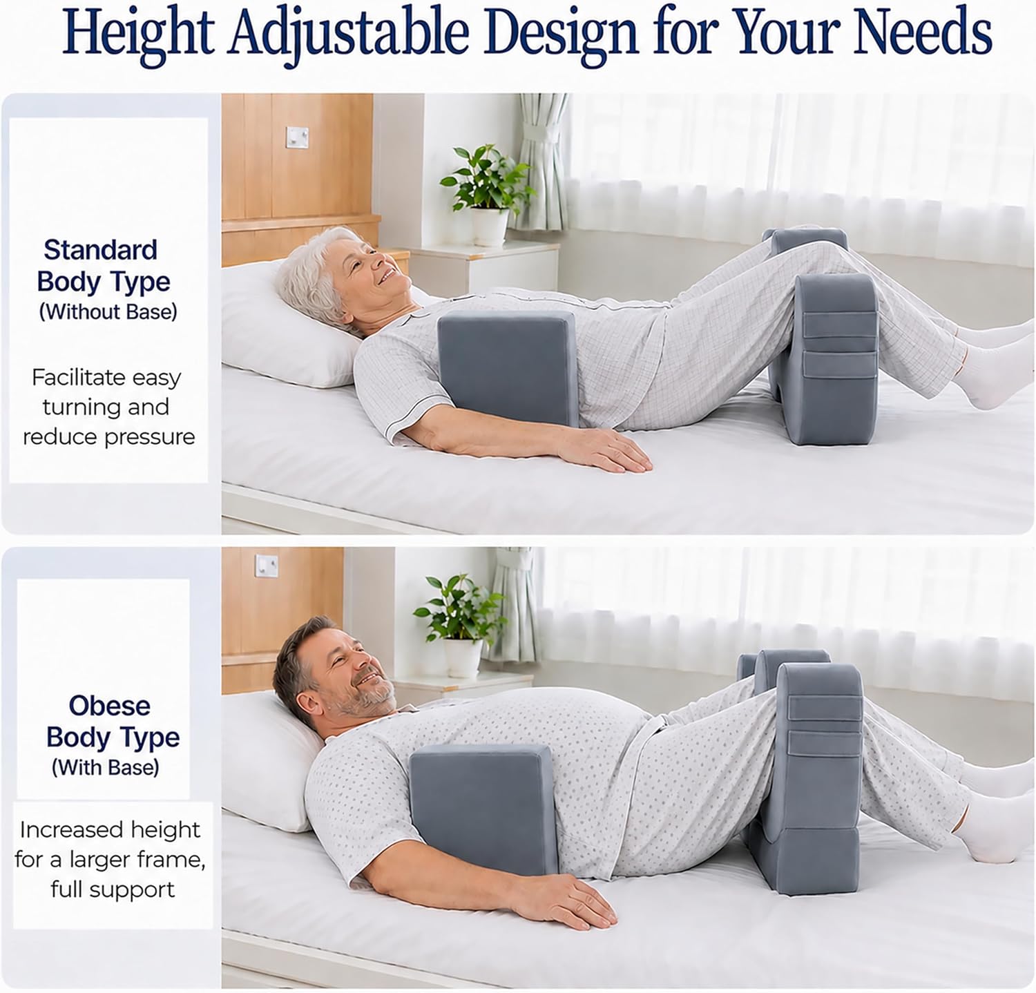 Two bed scenes: U-shaped turning pillow under the knees without the base, then the same pillow with an added rectangular height pad.