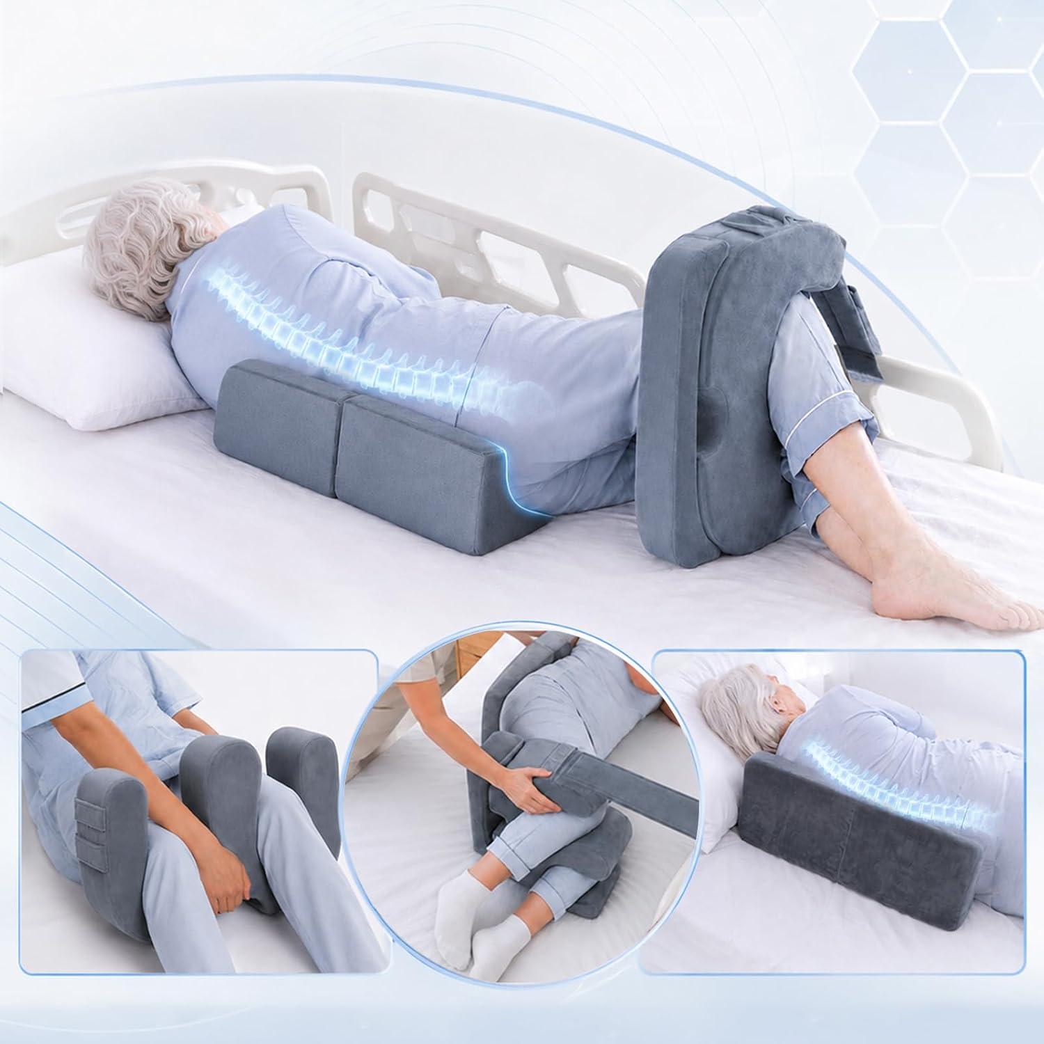 U-block at the legs and L-wedges behind the back in a side-lying hold, with place, pull, and hold insets.