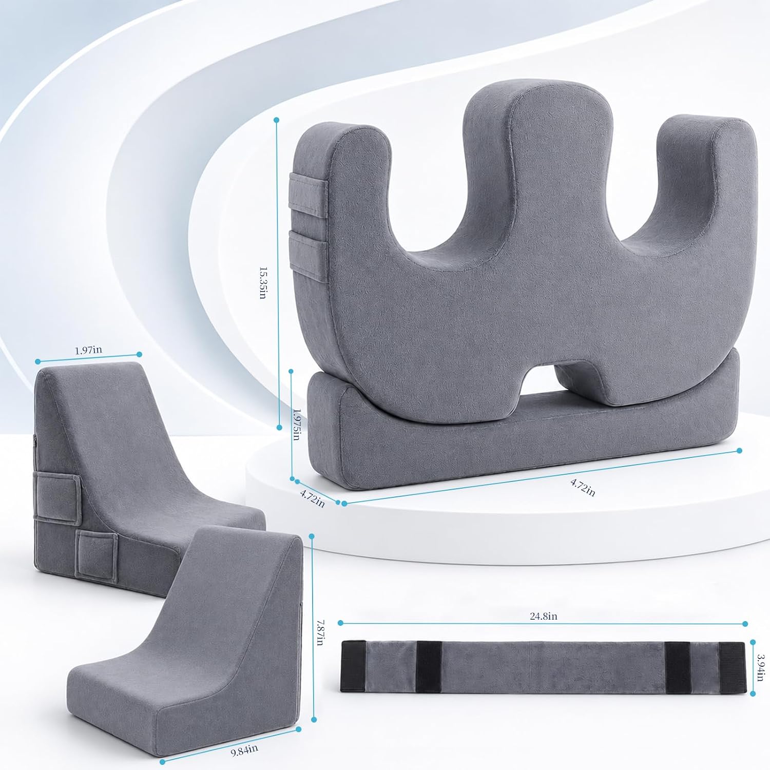 Grey velvet U/L turning pieces and a hook-and-loop strap with listing-image dimension labels.