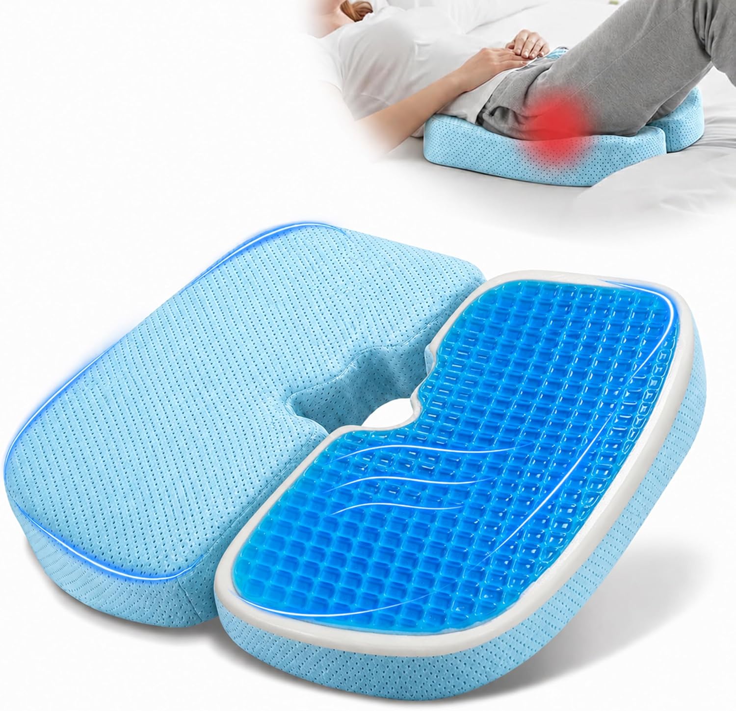 Blue sacral-coccyx cushion with a hollow center, gel layer over foam, and a person lying so the pelvis sits over the gap.