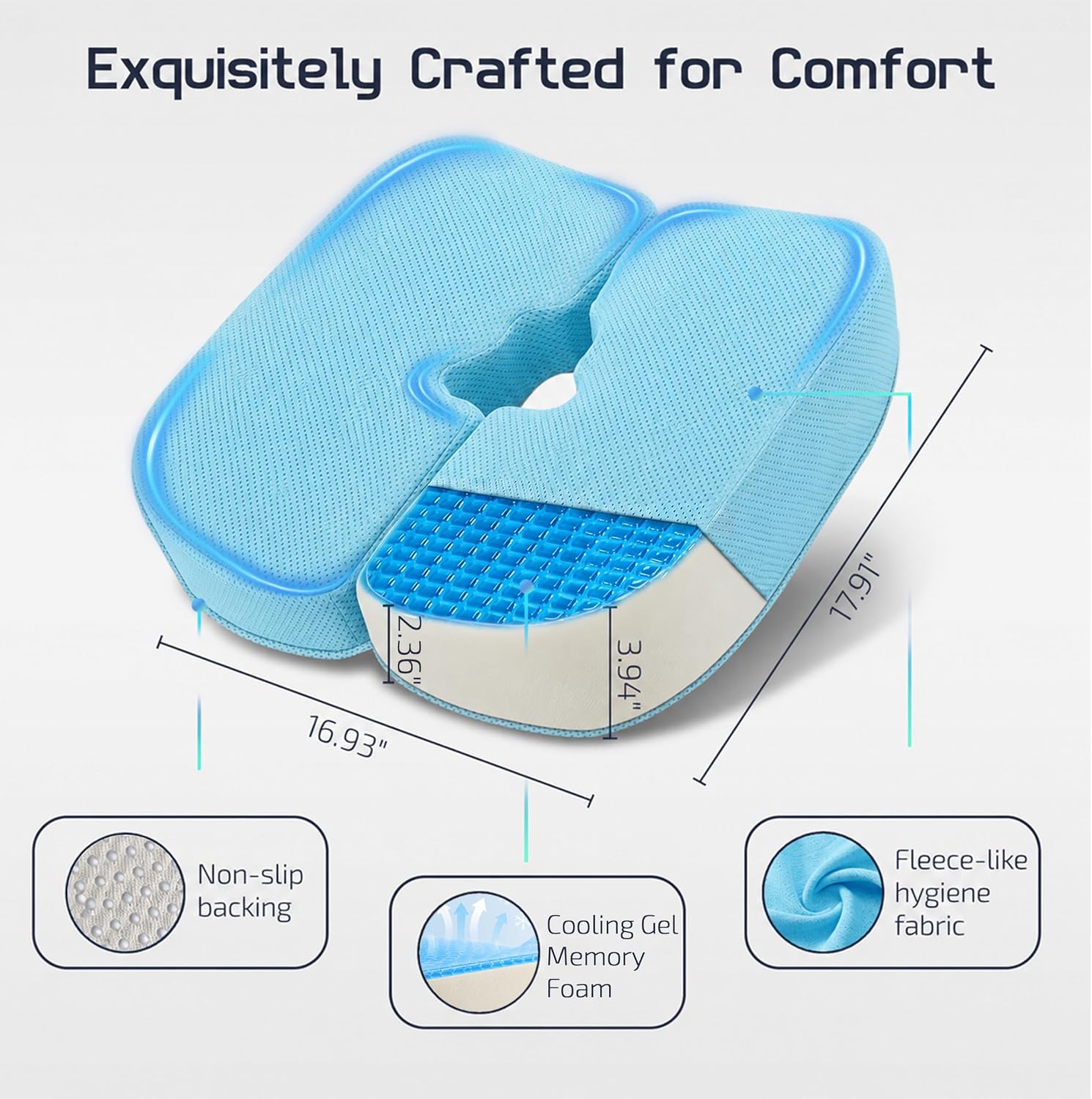 Dimension diagram of the blue cushion: 16.93 inches wide, 17.91 inches deep, 3.94 inches at the back, 2.36 inches at the front, gel over foam, non-slip bottom.