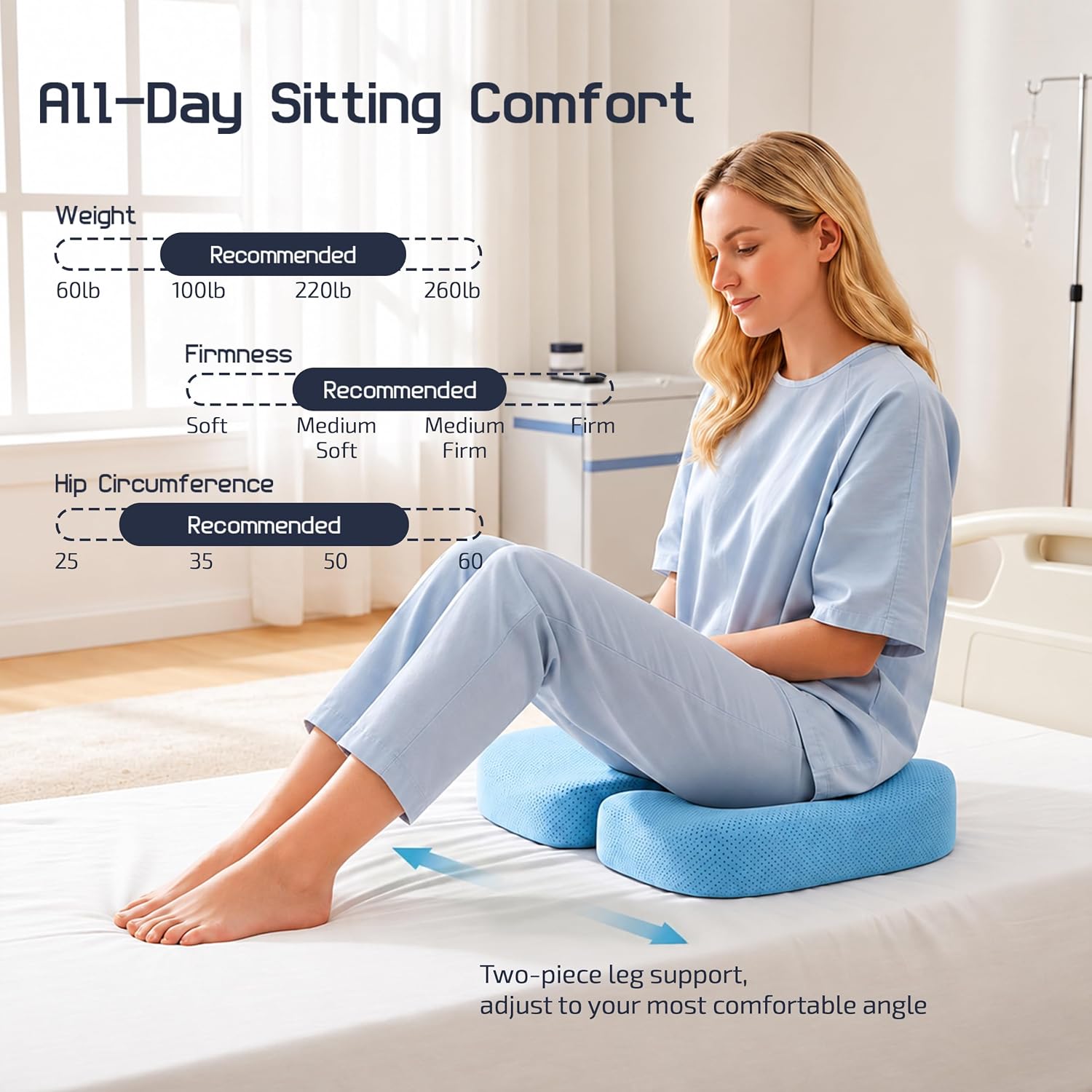Person sitting on the two-piece blue cushion on a bed, with labeled fit ranges from the listing image.