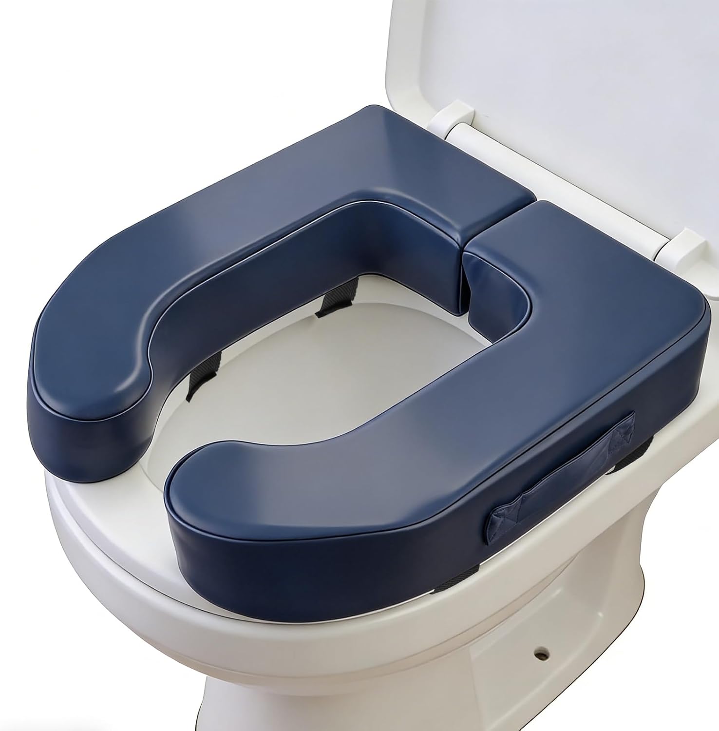Navy foam toilet-seat riser strapped onto a white toilet, open front, side handle visible.