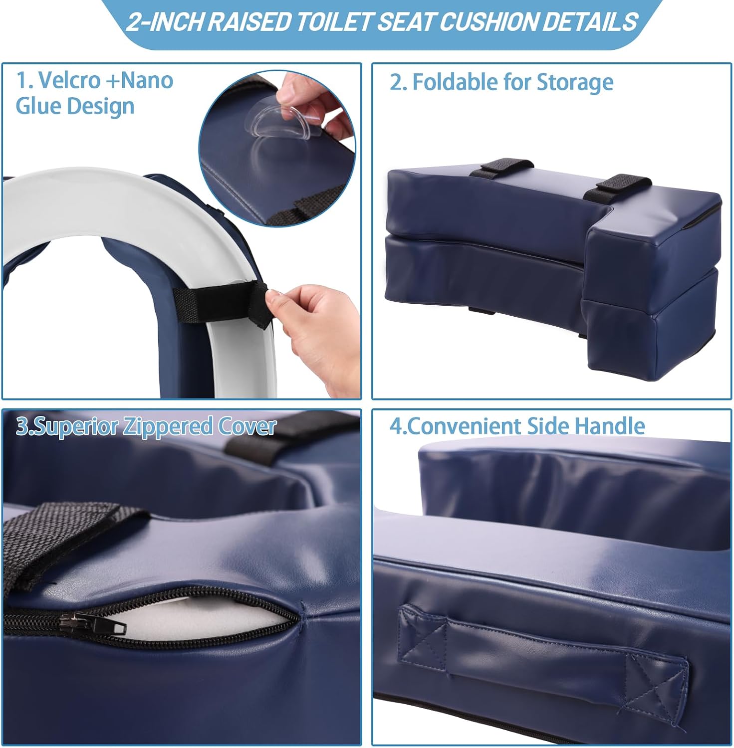 Strap and adhesive underside, folded riser, zip cover over foam, and side handle.