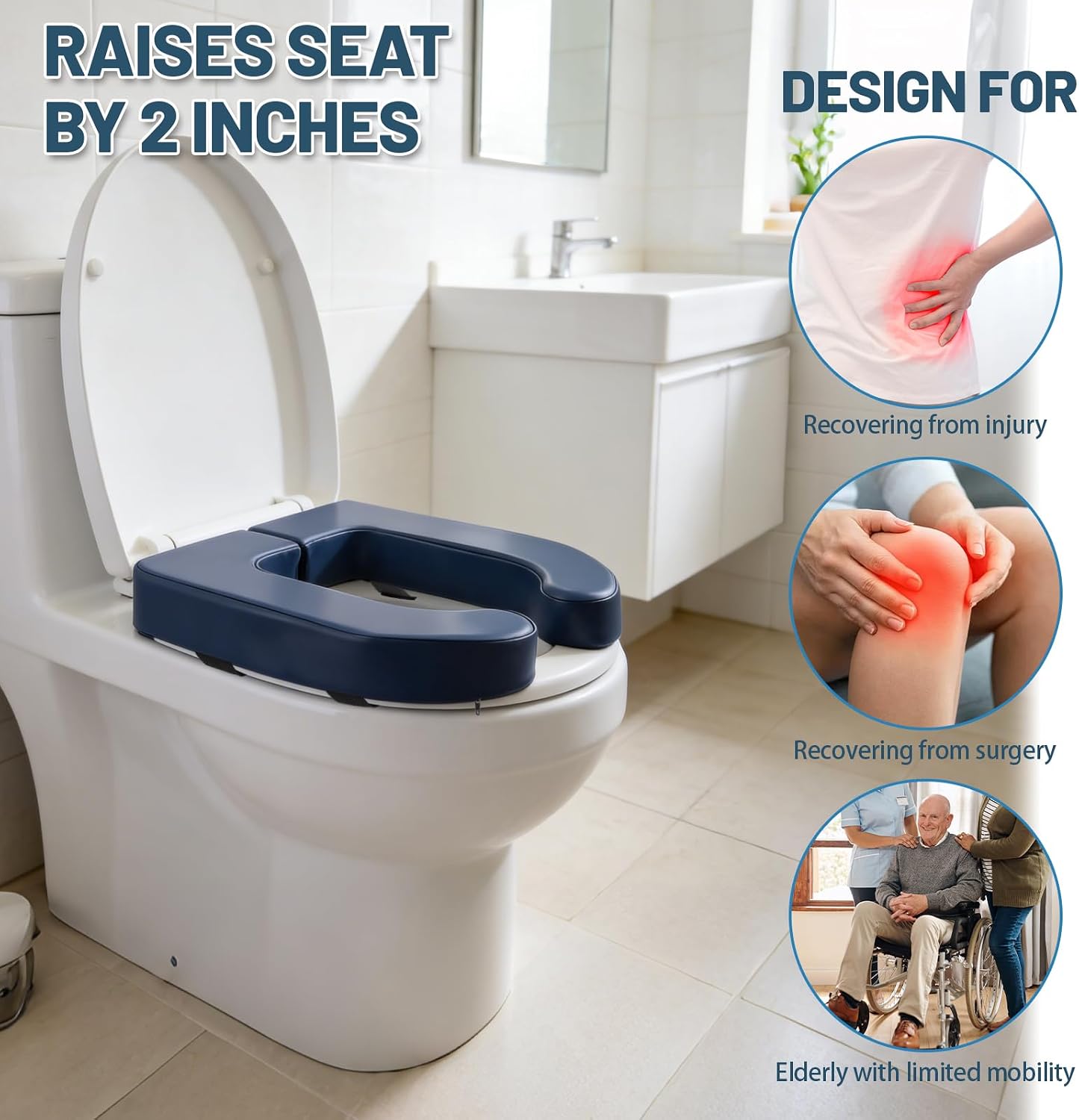 Navy riser on a white toilet in a bathroom, labeled as raising the seat by 2 inches.