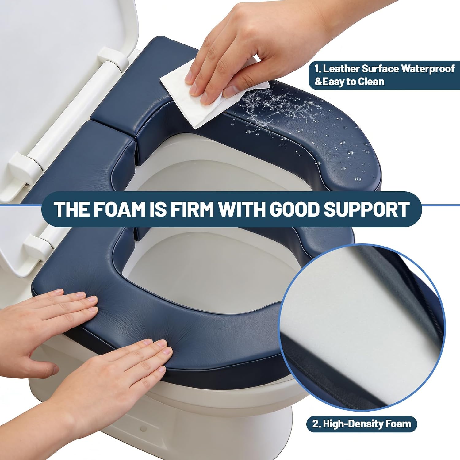 Hands wiping the navy cover and pressing the foam; zipper open to show the high-density foam core.